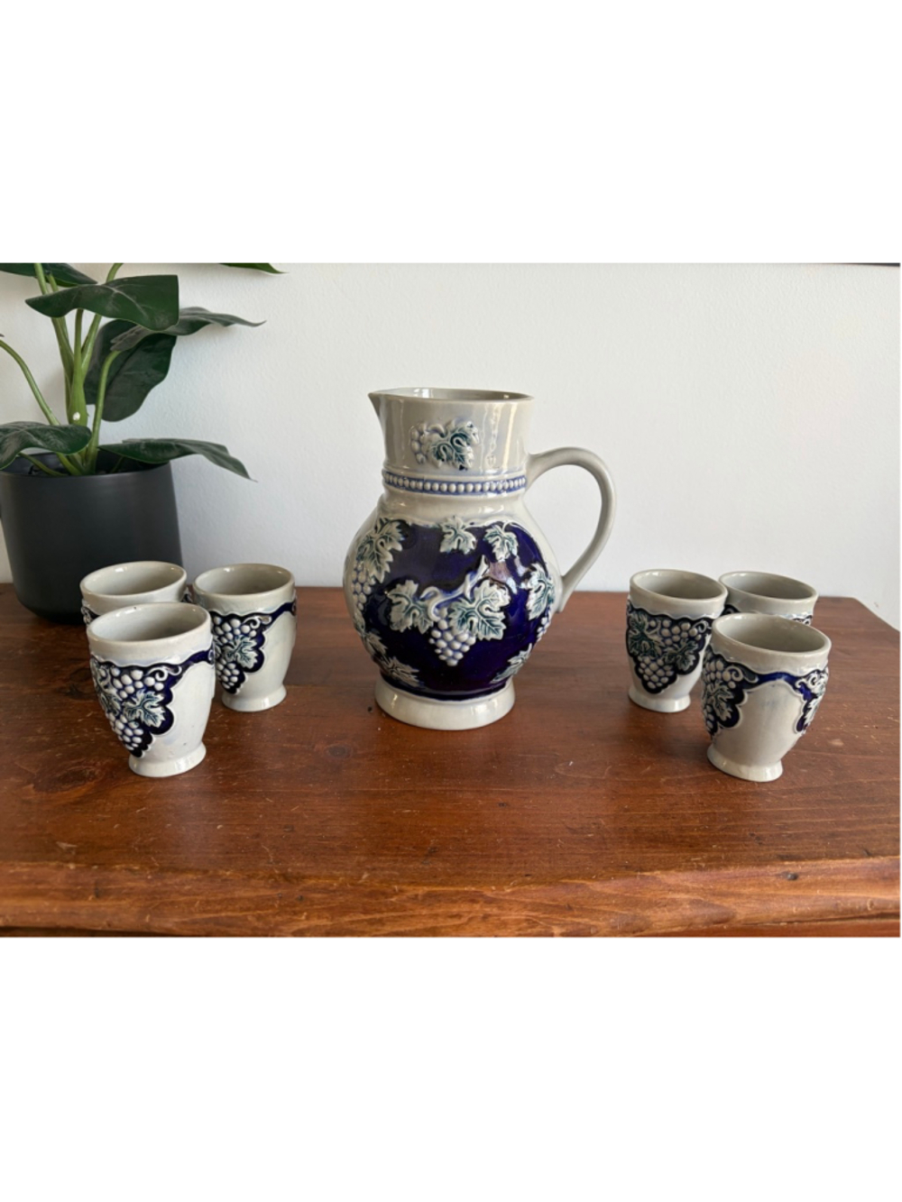 Vintage German Stoneware Pitcher and 6 Cup Set